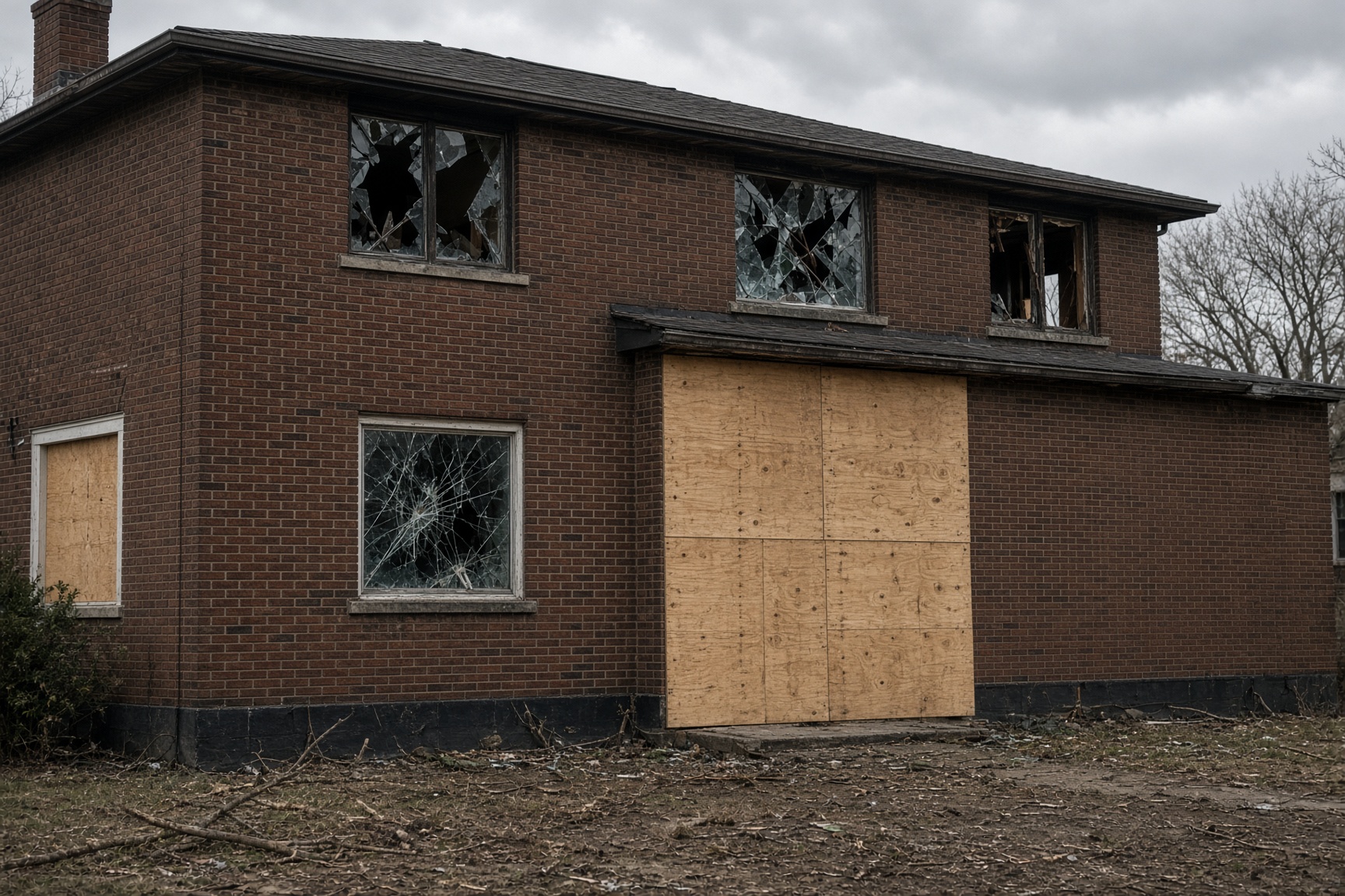 Plywood securing broken windows and a door on a brick house