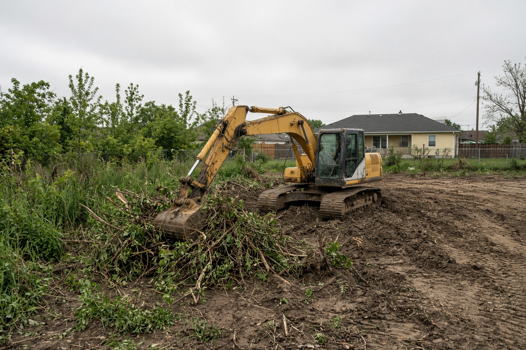 Excavator clearing brush and small trees from a lot