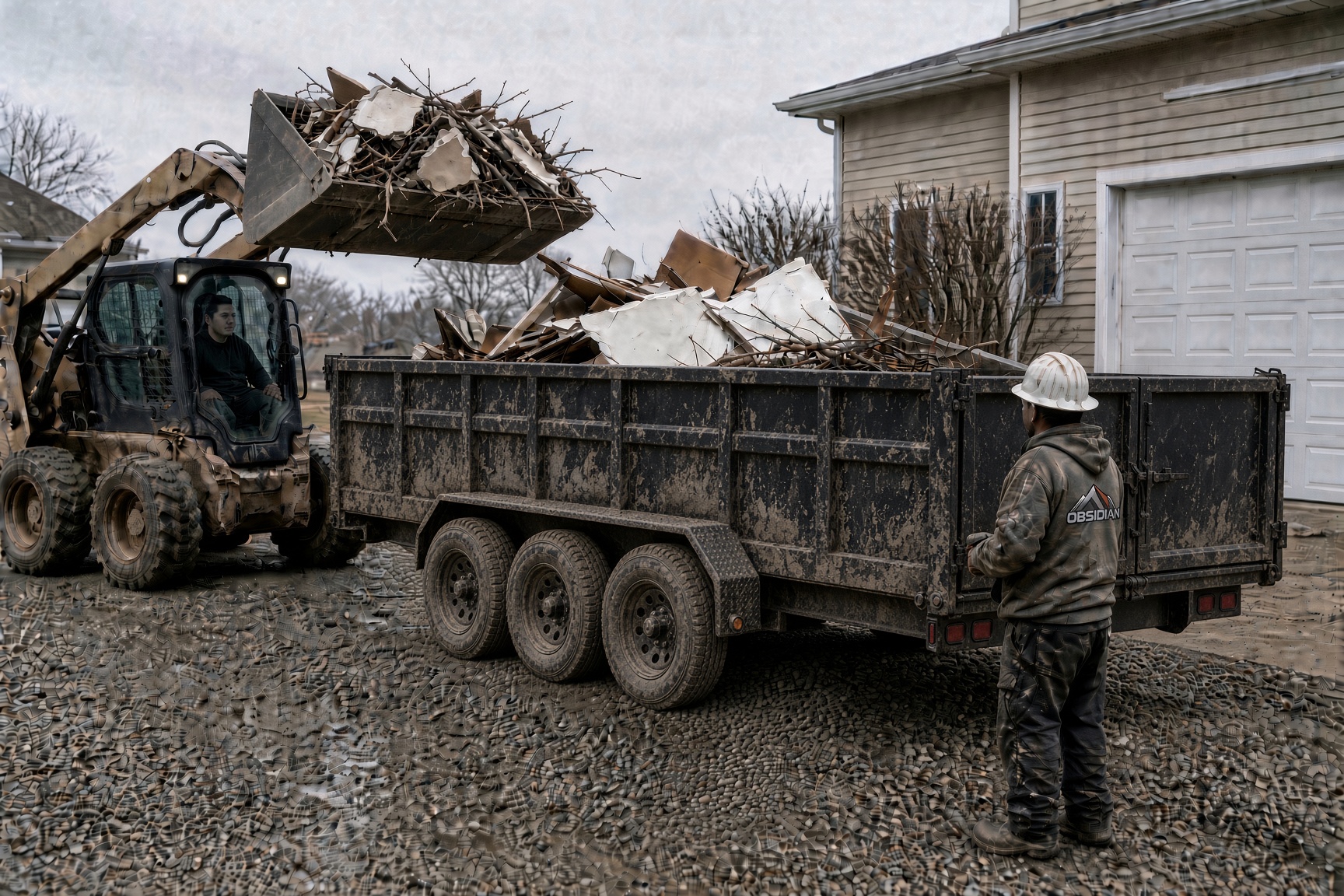 Skid steer loading mixed debris into a dump trailer