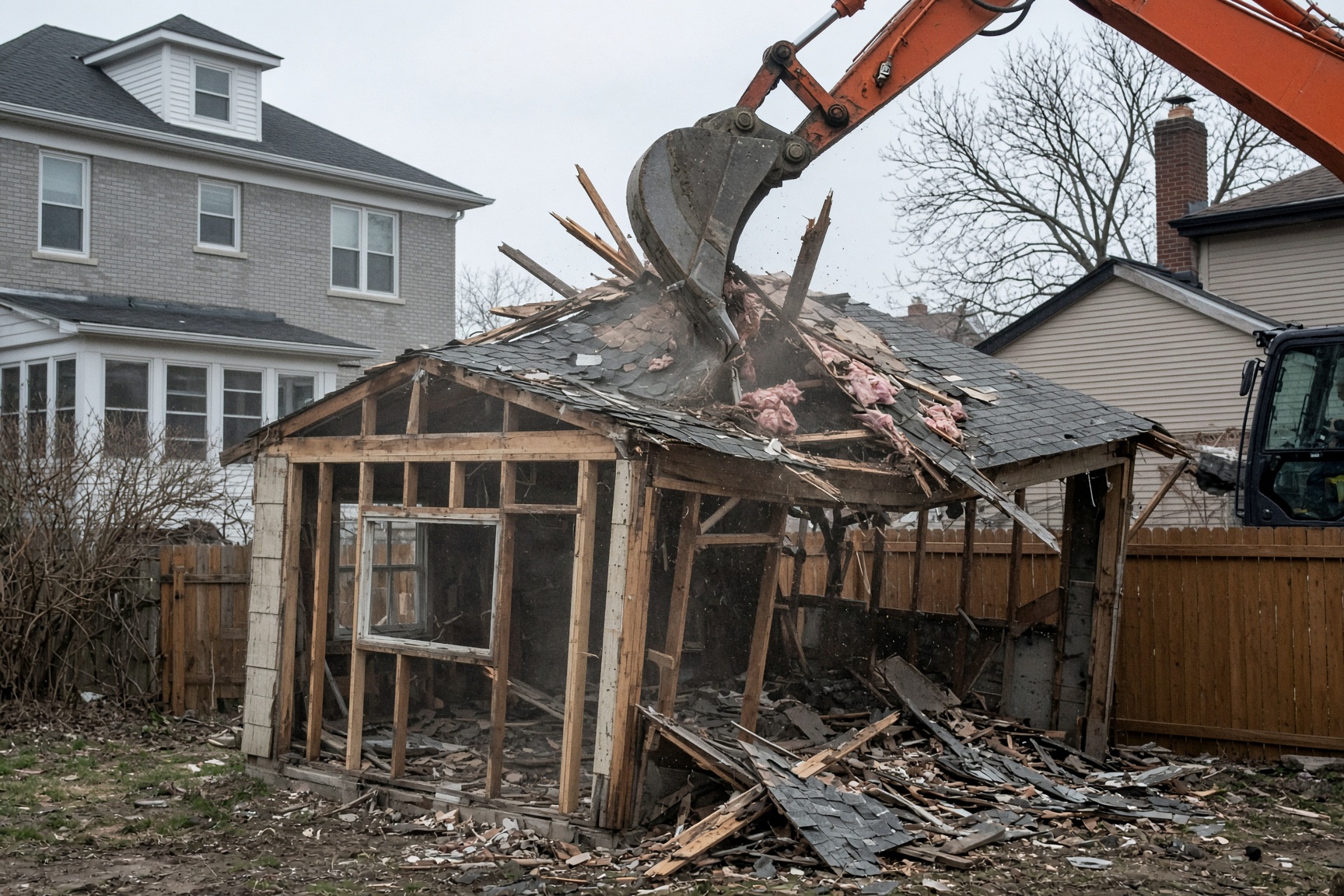 Excavator tearing down a small wood-frame garage